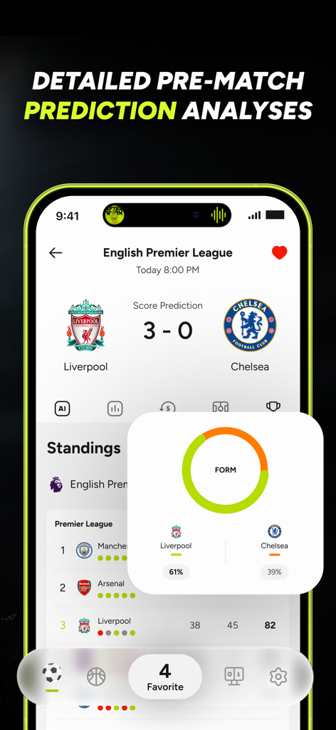 Soccer AI: Match Score Picks - Soccer AI app interface showing pre-match score prediction and team form analysis for Liverpool versus Chelsea