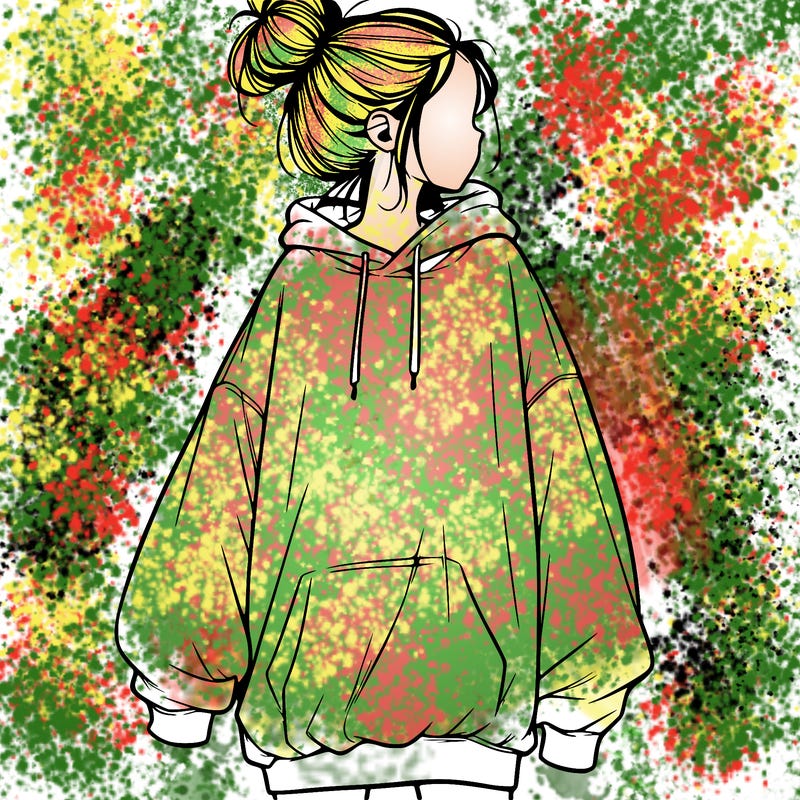 realistic girl with a oversized sweatshirt on and a bun