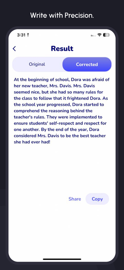 Grammar Check app displaying a corrected text result with share and copy options