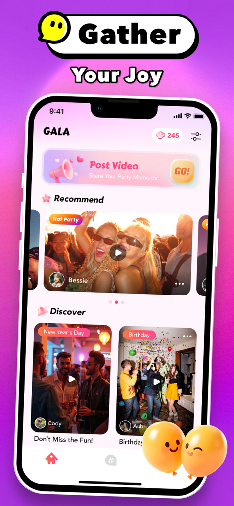 Gala - Feeds & Live Call - Gala app home screen featuring festive video feeds for parties, New Year's Day, and birthdays