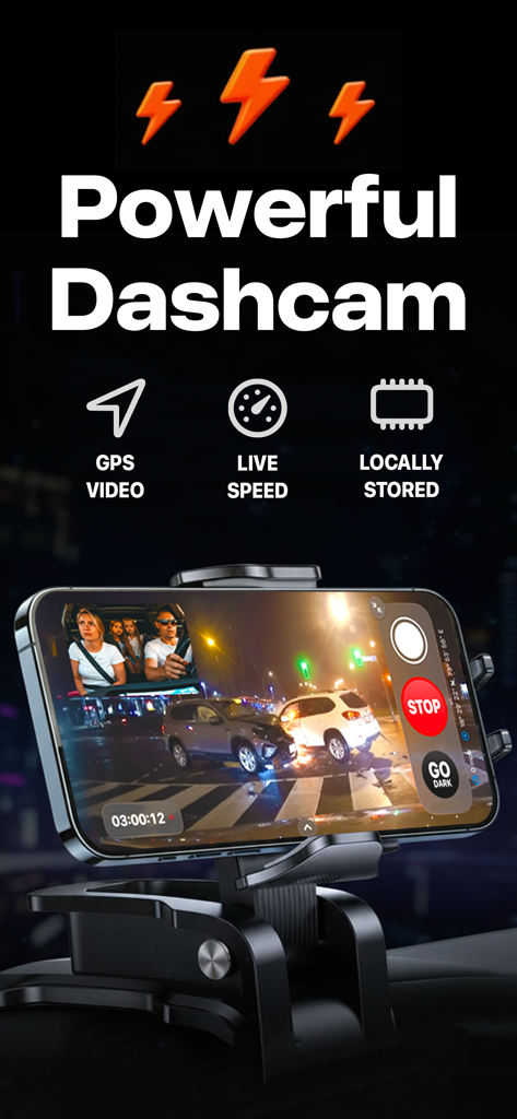 Lookout Dual Camera Recorder - iPhone mounted as a dashcam recording dual camera views with GPS and speed overlays