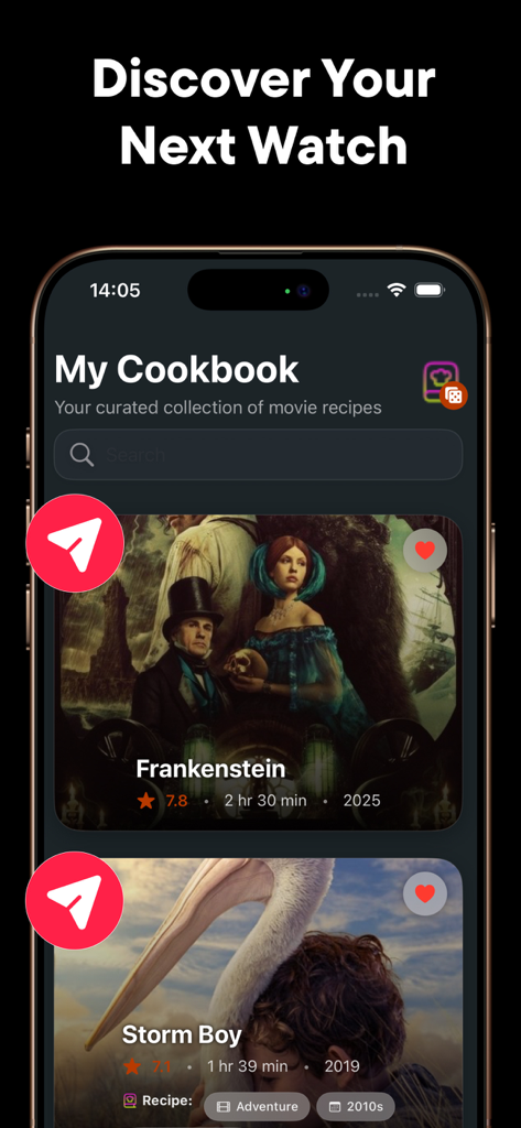 Interfaz de la aplicación ItsMovinActors que muestra la sección Mi Libro de Cocina con recetas de películas guardadas y funcionalidad de búsqueda