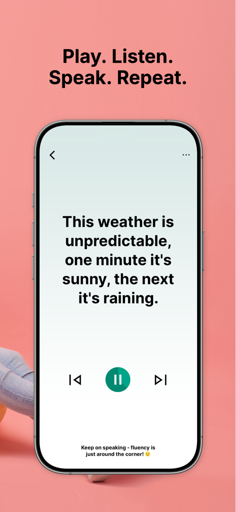 Speakbolt mobile app screen showing an English sentence for shadowing and speaking practice.