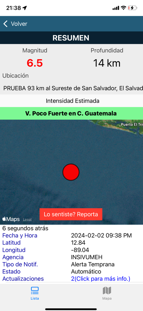 INSIVUMEH Alerta de Terremotos - マグニチュード、深さ、場所を含むマグニチュード 6.5 の地震アラートの概要を示す INSIVUMEH アプリのスクリーンショット。