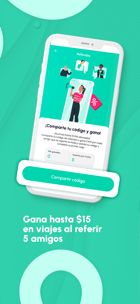 Ridery: Safety rides - Ridery app screen showing the referral program where users can earn up to fifteen dollars in free rides by sharing their code with five friends.