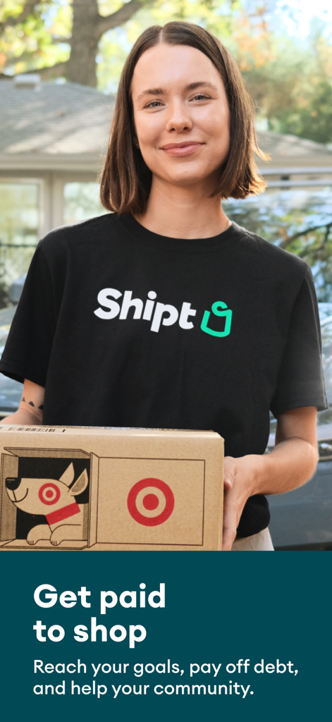 Smiling woman wearing a Shipt t-shirt and holding a Target delivery box