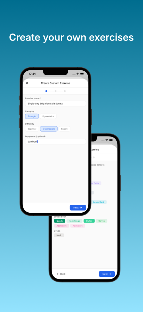 BaseLift: Gym Log & Diary - Interface for creating and customizing strength training exercises in the BaseLift gym log app.