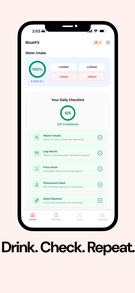 BloatFit - BloatFit app dashboard showing water intake progress and a completed daily wellness checklist.