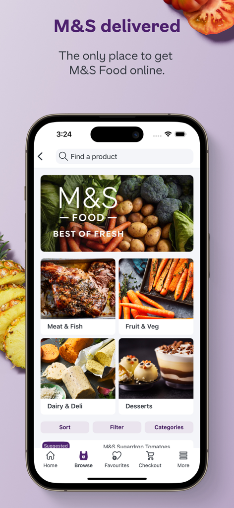 Ocado app interface showing Marks and Spencer food categories for grocery delivery