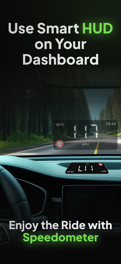 Speedometer: Speed Control. - A digital speedometer projected onto a car windshield using the HUD feature of the app.