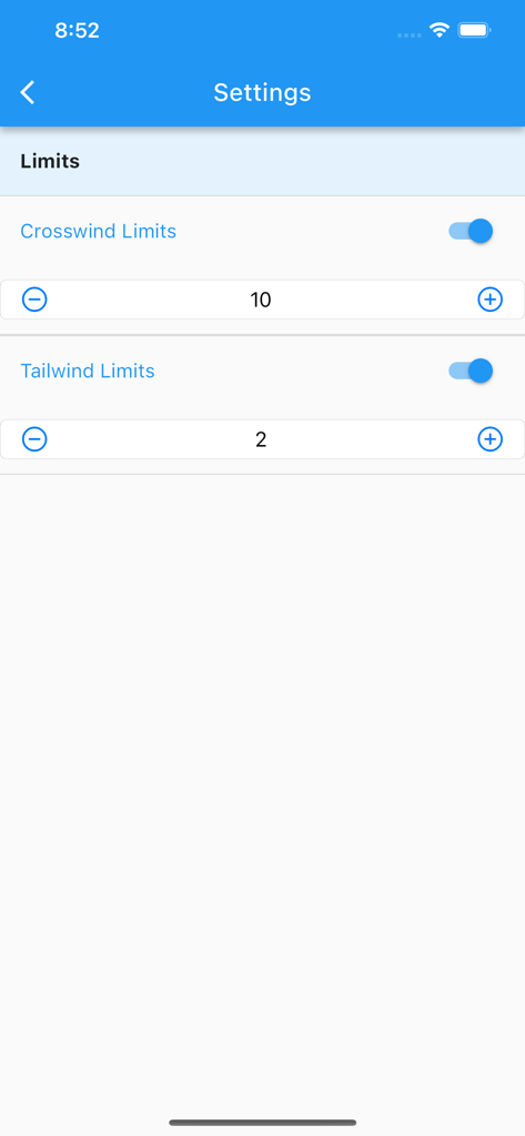 Crosswind Calculator - Settings page for crosswind and tailwind safety limits