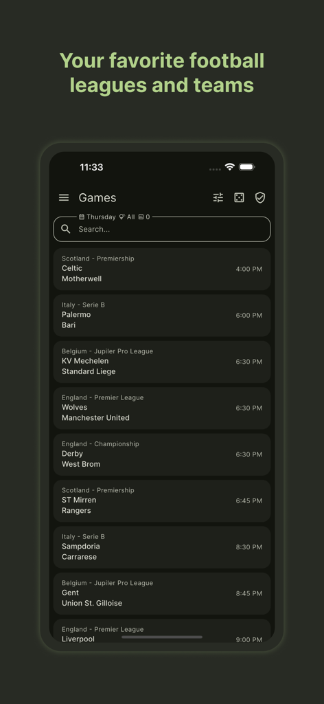AiWon - A list of upcoming football matches from various global leagues displayed on the AiWon app interface