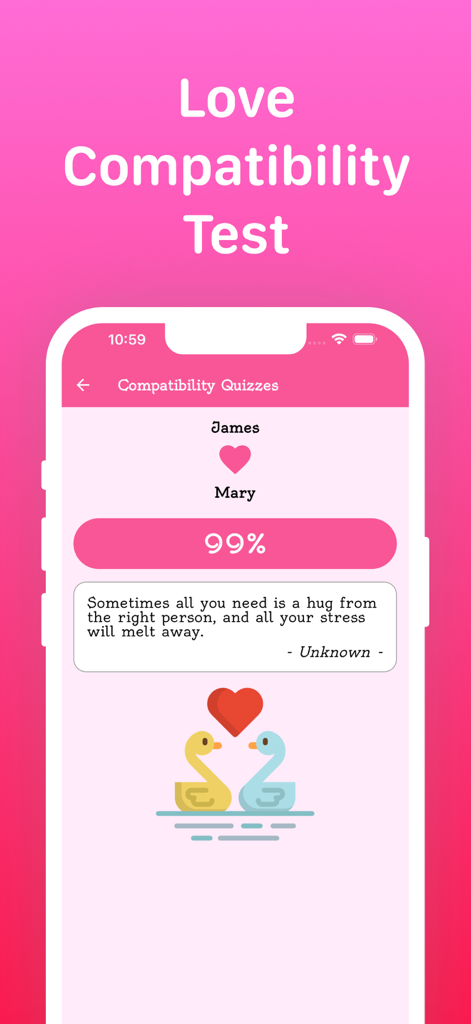 Love Tester: Find Real Love - Love Tester app screenshot showing a 99 percent compatibility result between two names with a romantic quote and swan illustrations.