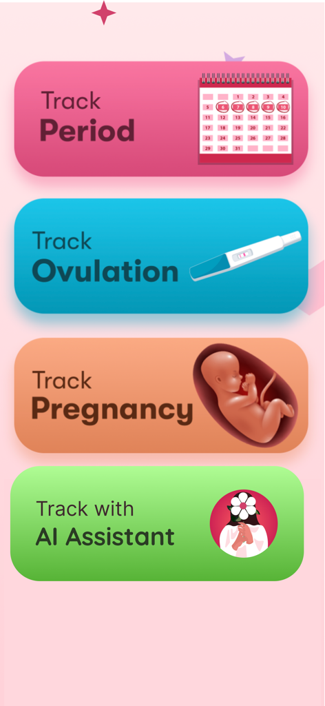 Main screen of the Life Period Tracker app displaying options to track periods, ovulation, and pregnancy, plus an AI health assistant.