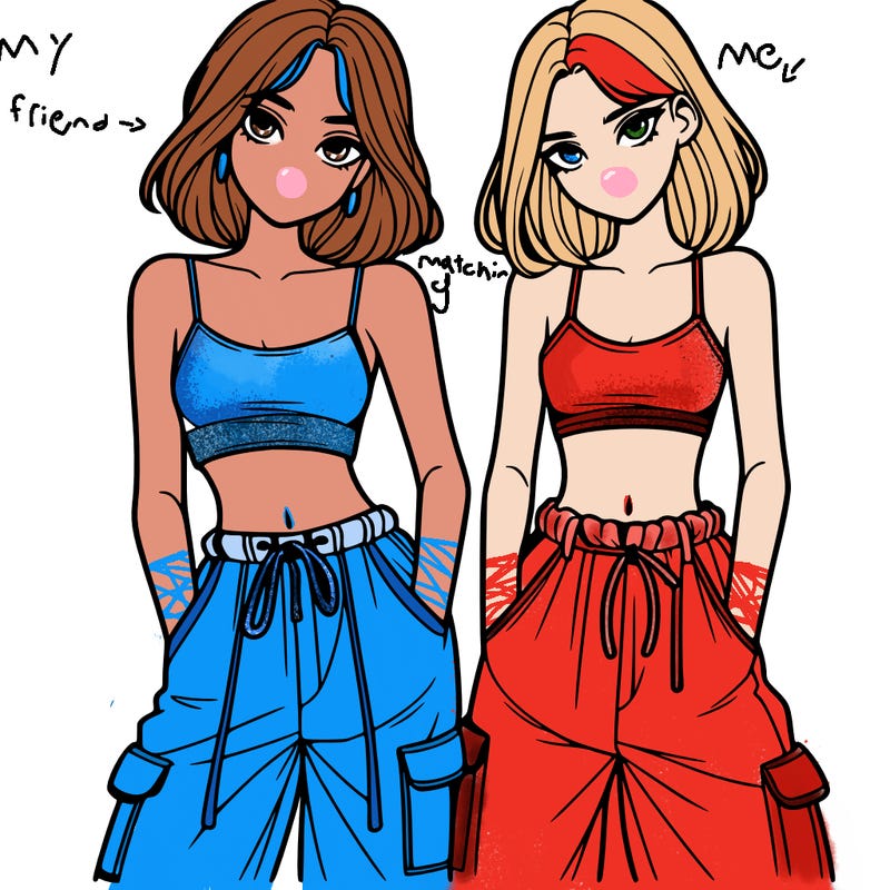 two girls with crop top with baggy pants