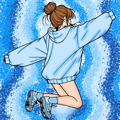 realistic girl jumping with a bun and oversized sweatshirt