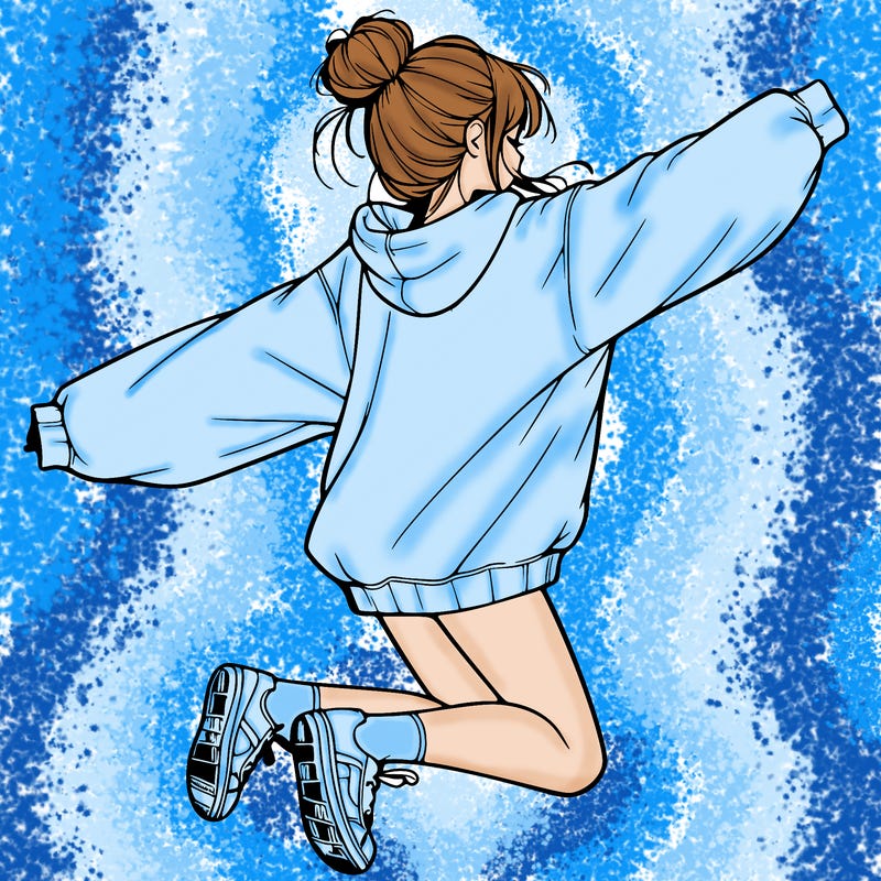 realistic girl jumping with a bun and oversized sweatshirt