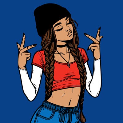 realistic teenage girl with braids and a beanie and crop top doing 🫶🏼