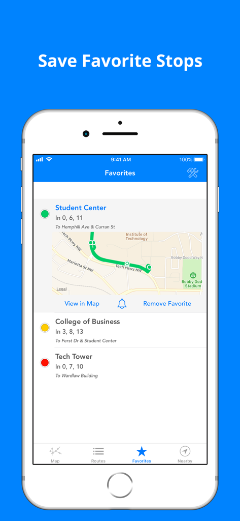 GT Buses - GT Buses app interface showing saved favorite bus stops with real time arrival predictions