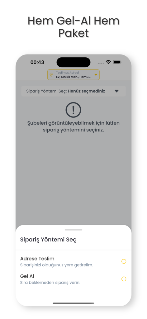 ZaterApp - ZaterApp mobile interface for choosing between delivery and pickup options