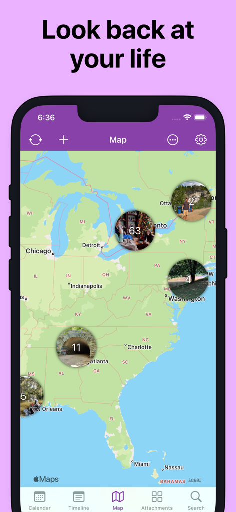 Diarium Journal: Private Diary - Diarium Journal app displaying travel memories on a map of the USA