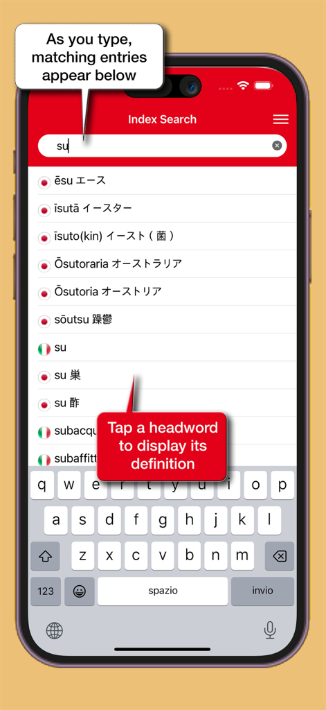 Benutzeroberfläche des Japanisch-Italienisch-Wörterbuchs von Hoepli mit prädiktiven Index-Suchergebnissen auf einem iPhone.