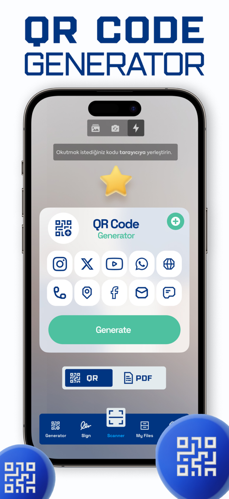 Mobile app interface showing the QR code generation tool with social media icons