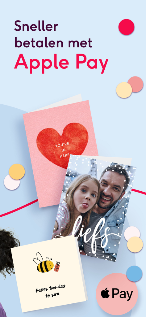 Greetz kaarten en cadeaus - Tela do aplicativo Greetz promovendo checkout mais rápido com Apple Pay, apresentando um cartão de coração, um cartão com foto e um cartão de aniversário.