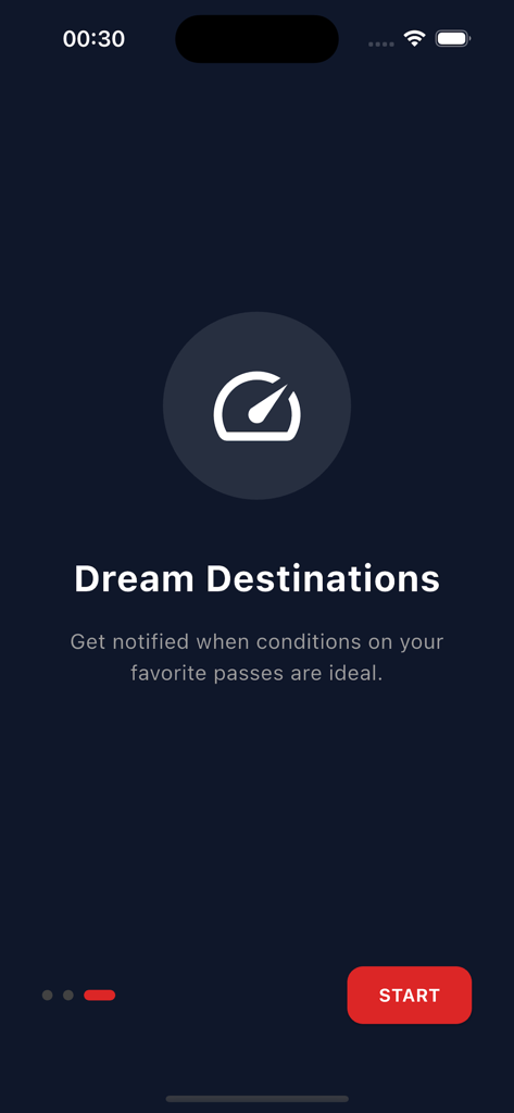RideDay: Moto & Roads - Tela de integração do aplicativo RideDay para o recurso Destinos dos Sonhos com alertas de notificação para condições ideais de pilotagem de moto