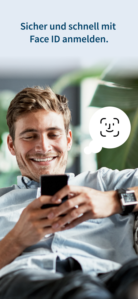 Ein lächelnder Mann, der Face ID verwendet, um sich sicher bei der StarMoney-Banking-App auf seinem Smartphone anzumelden.