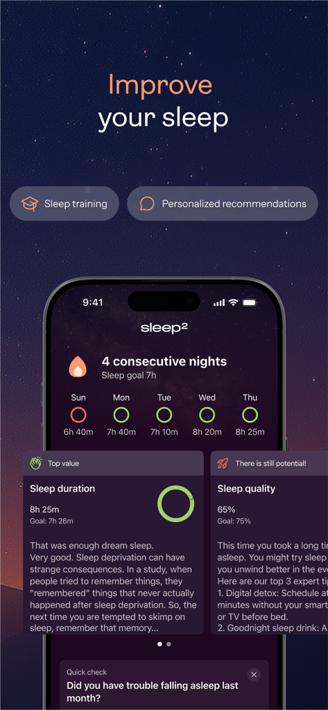 Sleep2 app dashboard displaying sleep duration and quality metrics on a smartphone.