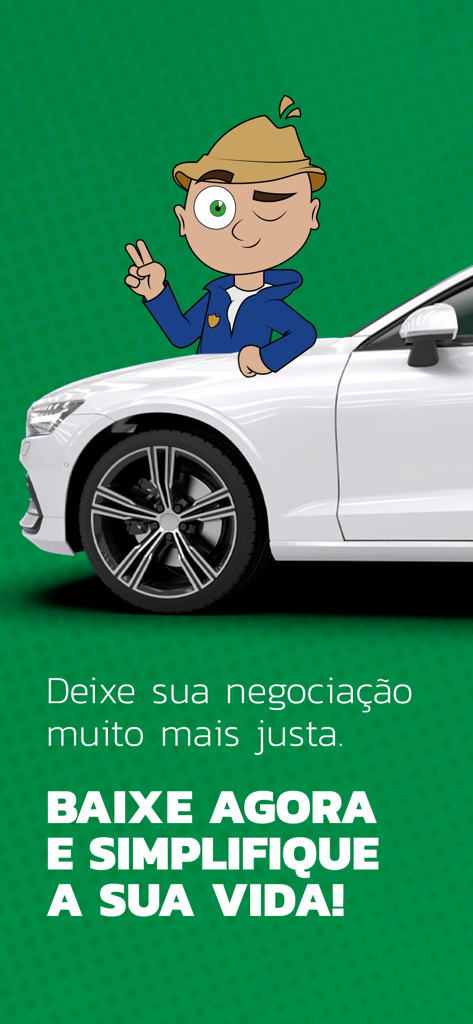 Olho no Carro app mascot next to a white car with a call to action for fair vehicle negotiations