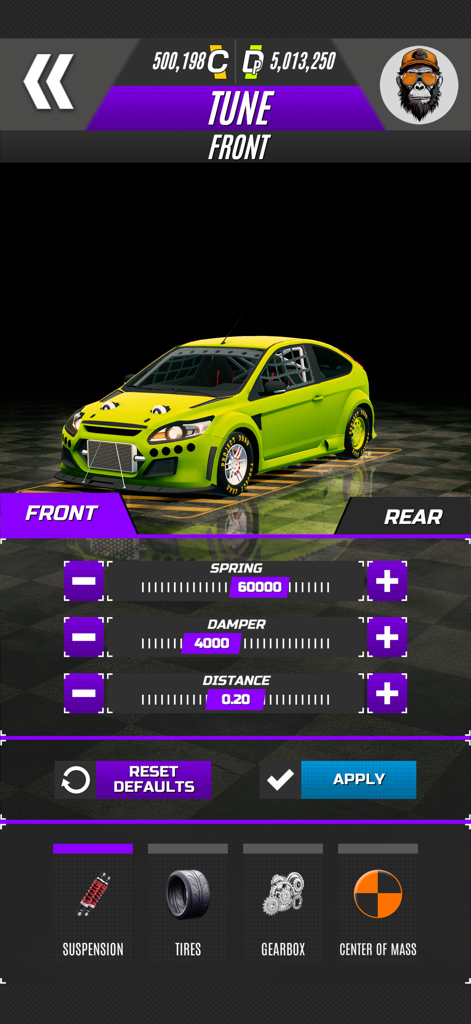 Project DRAG : Online - Front suspension tuning menu in Project DRAG Online showing adjustments for spring, damper, and distance on a lime green sports car.