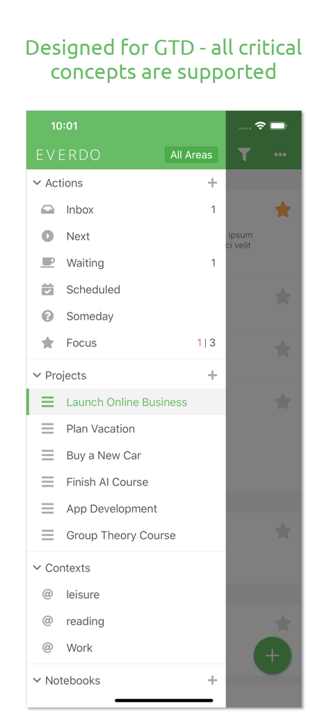 Everdo: GTD and To-Do List - Sidebar menu of Everdo app showing Getting Things Done categories