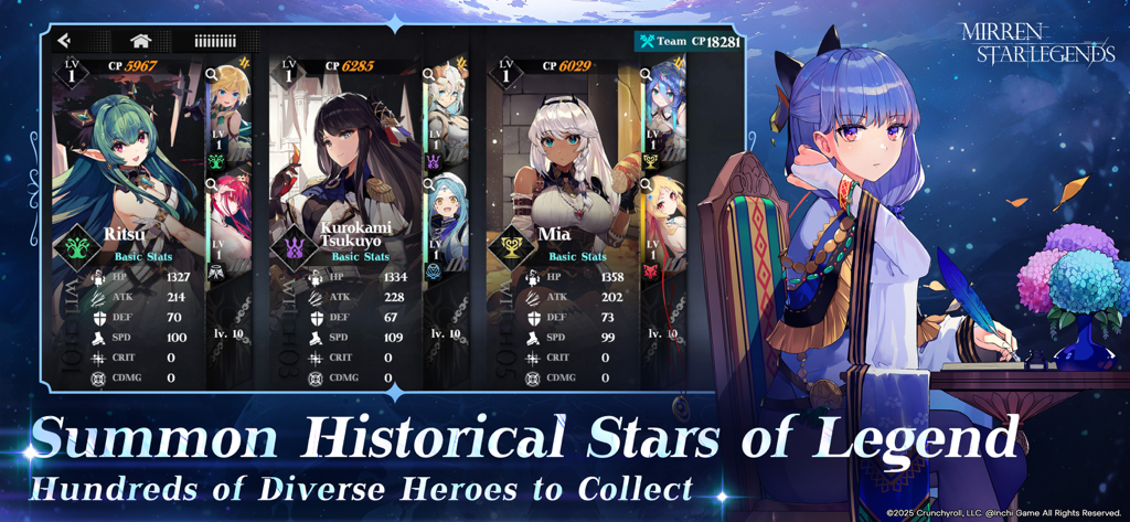 Mirren: Star Legends - Charakterauswahlbildschirm in Mirren Star Legends, der Heldenstatistiken für Ritsu, Kurokami Tsukuyo und Mia mit Anime-Artwork anzeigt.