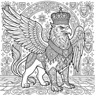 Embark on a mythical journey with this exquisite Royal Griffin coloring page, featuring a powerful creature adorned with a magnificent crown and intricate regal details. Dive into a world of fantasy and bring this majestic beast to life with your favorite colors.