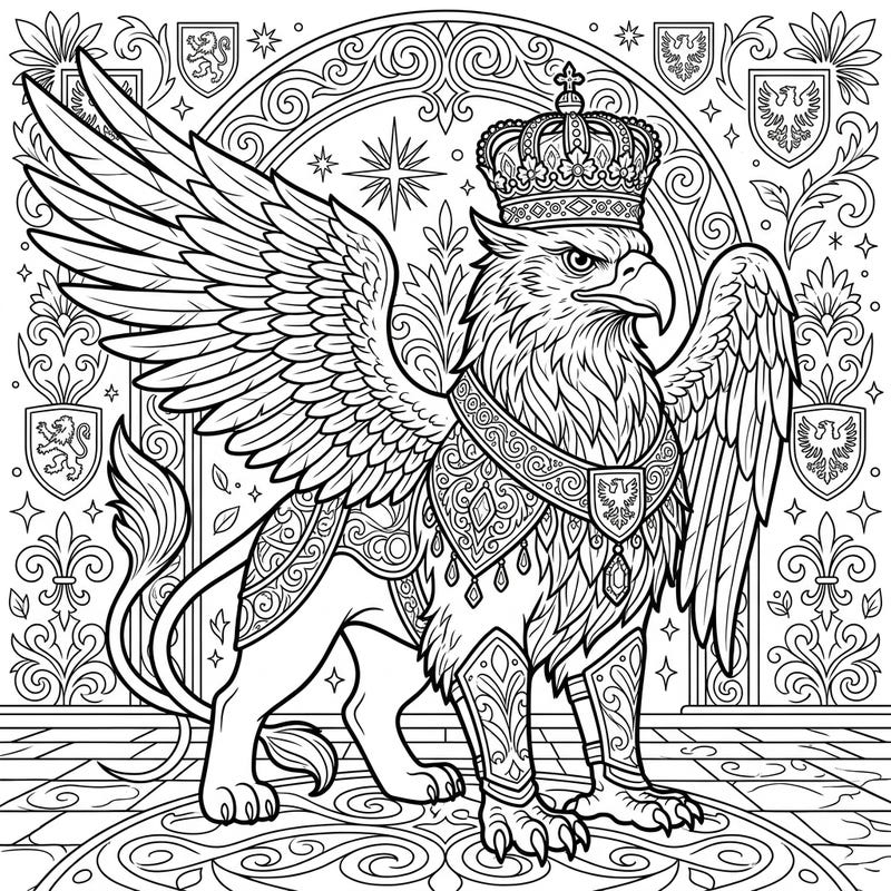 Embark on a mythical journey with this exquisite Royal Griffin coloring page, featuring a powerful creature adorned with a magnificent crown and intricate regal details. Dive into a world of fantasy and bring this majestic beast to life with your favorite colors.
