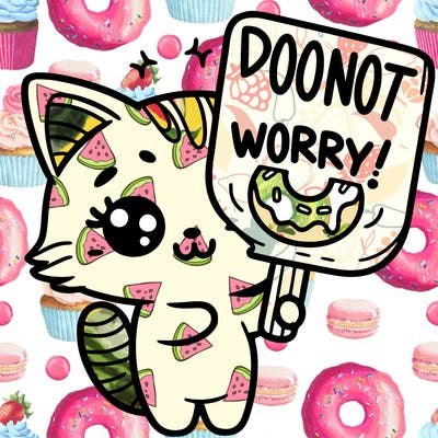 a kitten holding sign that say donut worry! 🍩