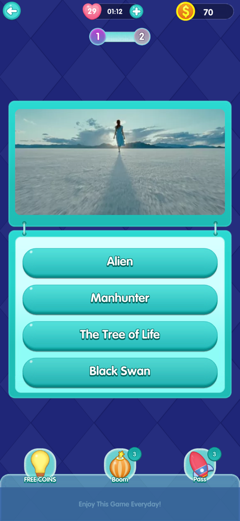 Une question de quiz sur les films dans l'application QuizTime présentant une image pittoresque et quatre options à choix multiples.