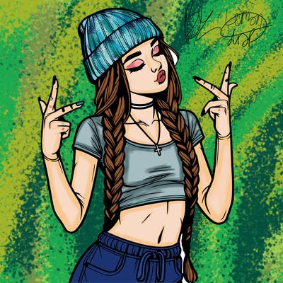 realistic teenage girl with braids and a beanie and crop top doing 🫶🏼