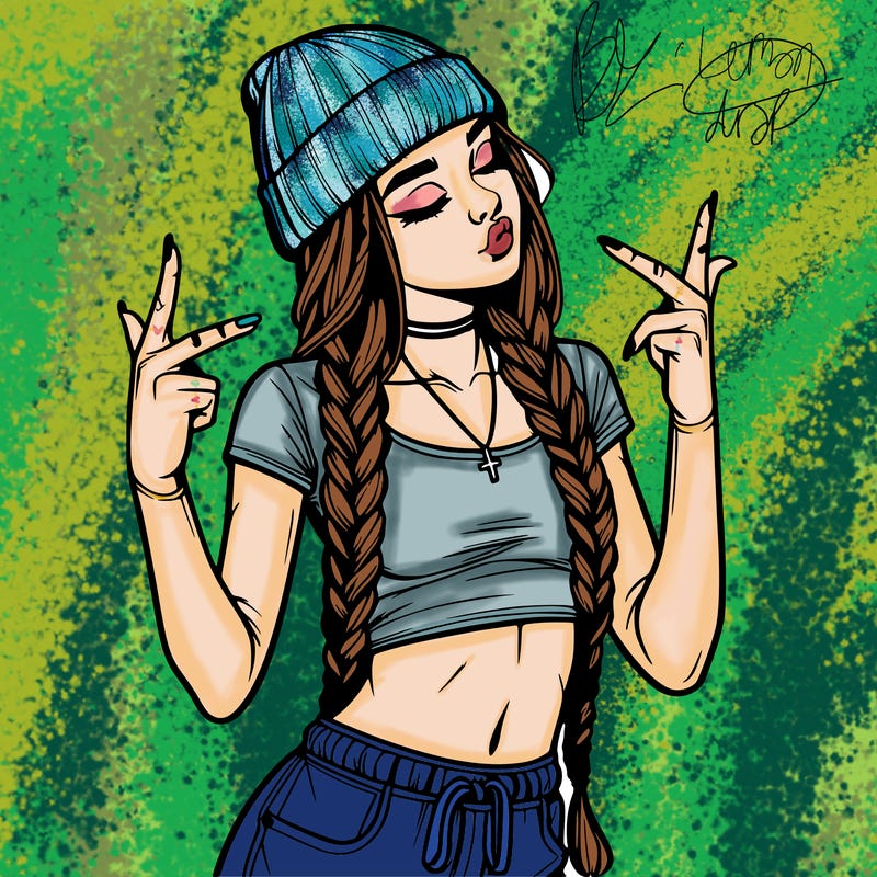 realistic teenage girl with braids and a beanie and crop top doing 🫶🏼