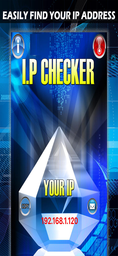 IP Checker - Find IP Address - 미래 지향적인 파란색 배경에 로컬 네트워크 IP 주소를 표시하는 IP 주소 찾기 앱 메인 화면
