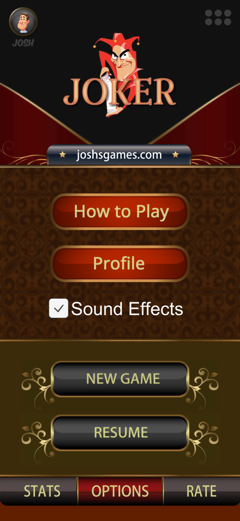Card Game Joker - Main menu of the Card Game Joker mobile app featuring buttons for new game resume and how to play
