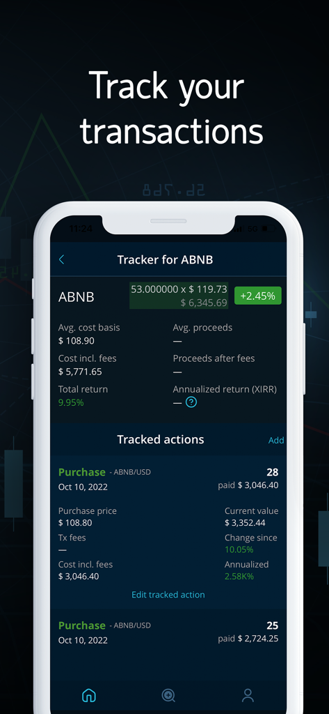 LiveQuote 앱에서 Airbnb의 주식 거래 내역 및 포트폴리오 성과 지표를 보여주는 모바일 화면.