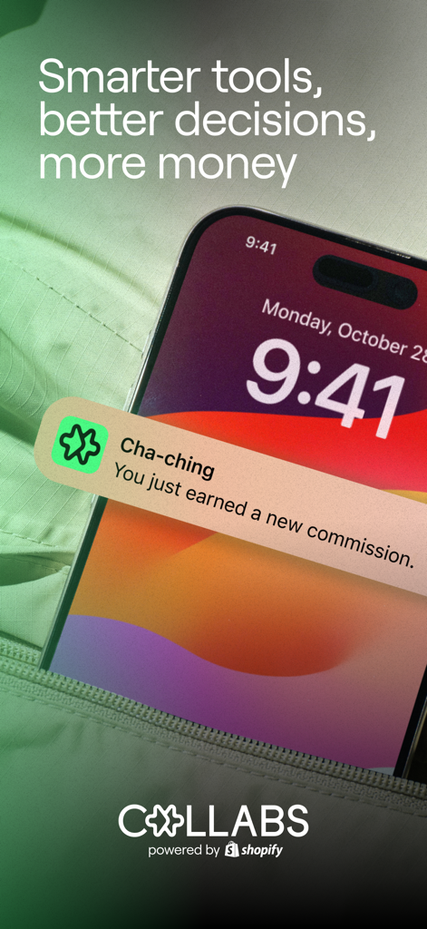 Collabs: Content commerce - A smartphone screen showing a notification for a new commission earned through the Shopify Collabs app