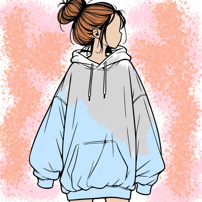 realistic girl with a oversized sweatshirt on and a bun