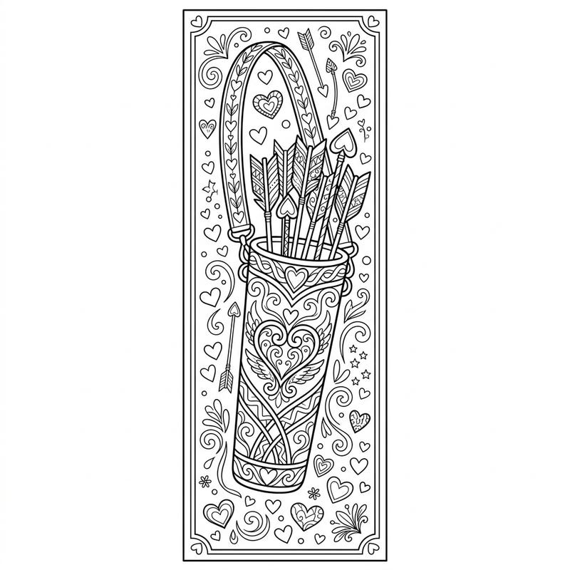 Dive into a world of romance with this beautiful Cupid's Quiver coloring bookmark. Featuring intricate details of hearts and arrows, it's a perfect creative project for anyone who loves art and love.