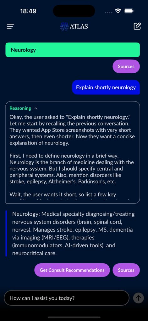 ATLAS: Medical Intelligence - Mobile interface of ATLAS app showing an AI assistant providing a detailed medical explanation of neurology with source links.