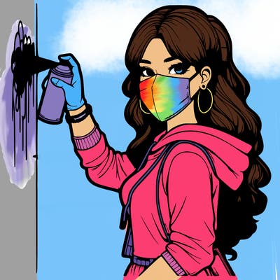 realistic girl with mask spray painting a wall