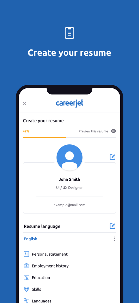 Interfaccia dell'app mobile Careerjet che mostra una schermata di creazione del curriculum con dettagli personali e sezioni relative alla carriera.